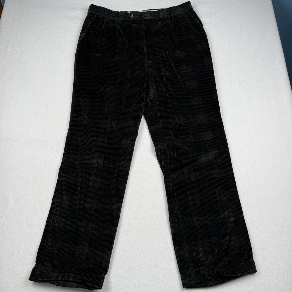 Asher Winer Dress Pants Mens 36x32 Brown Plaid Corduroy Pleated Cuffed Made USA